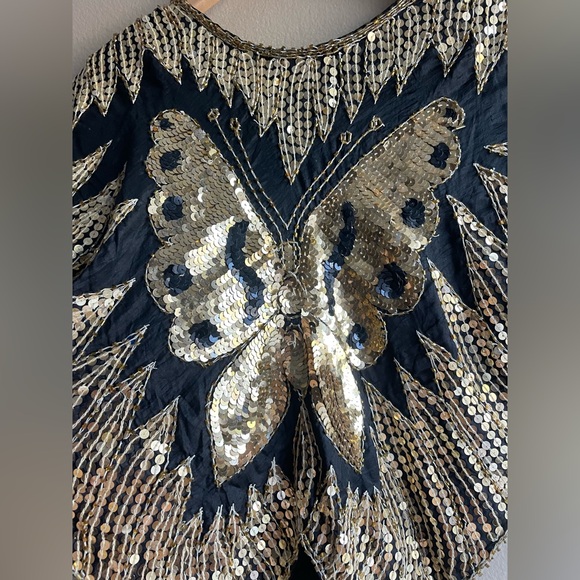 New Elegance Anujan 100% Silk Sequined Golden Butterfly Design Top Women Small - Picture 4 of 10